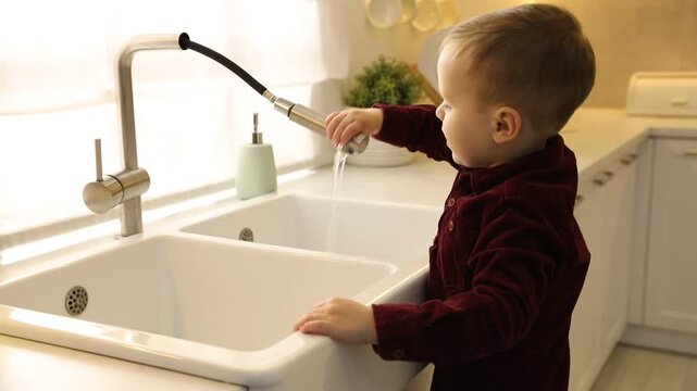 Child safety at home. Little boy pulling down faucet hose in kitchen