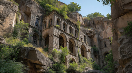 Abandoned stone architecture with arched windows built into rocky canyon walls