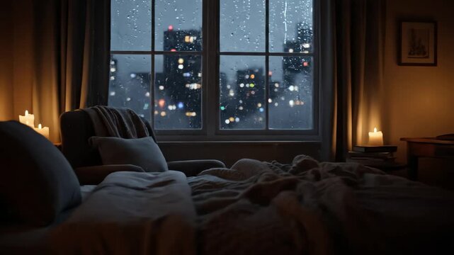 A cozy bedroom bathed in warm amber light, with lit candles and soft blankets, overlooks the moody, rainy city at night.