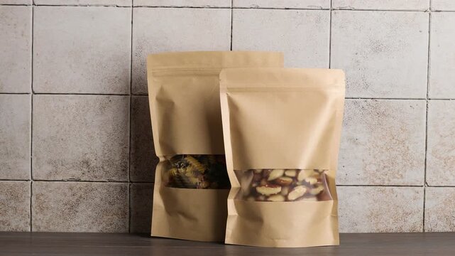 Woman putting stand-up pouches with different products onto wooden table, closeup