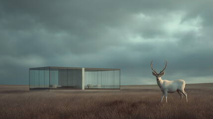 White stag with antlers standing in tall grass beside modern glass pavilion in dramatic landscape