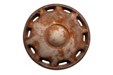 Rusty vintage car hubcap with visible corrosion and peeling paint, showing signs of abandonment and decay on transparent background