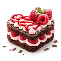 Illustration of delicious chocolate cake with raspberries and pink frosting isolated on white background