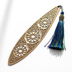 Illustration of intricately designed gold bookmark with blue tassel isolated on white background