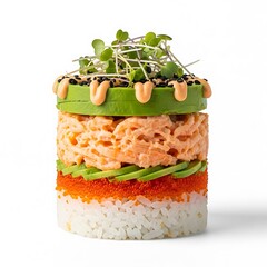 Illustration of delicious layered sushi stack with salmon avocado and sprouts on top isolated on white background