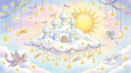 A whimsical illustration featuring a cloud castle, fairies, stars, and a radiant sun, all set in a dreamy pastel sky.