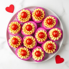 Illustration of delicious pink deviled eggs on a plate with hearts around