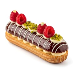 Illustration of delicious chocolate eclair with raspberries and pistachios on top isolated on white background