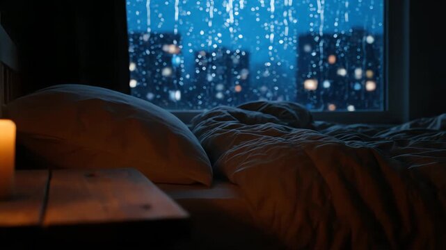 Warm candlelight illuminates a cozy bedroom bed while dark blue rain streaks down the urban window at night.