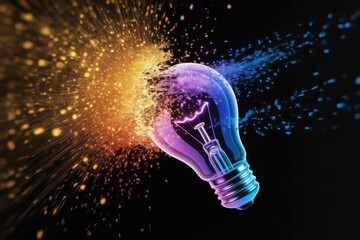 Glowing light bulb exploding with vibrant orange and blue particles on a black background