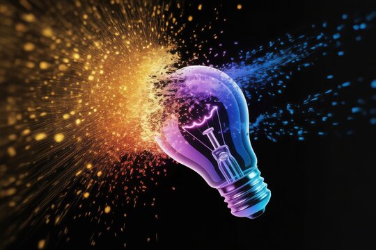 Glowing light bulb exploding with vibrant orange and blue particles on a black background - Powered by Adobe