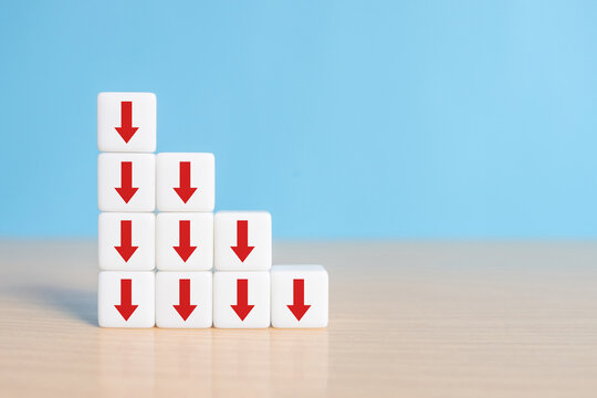 Business decline, performance decrease arrow drop down. Market loss concept diagram in arrow chart dice.