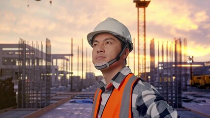 Close Up Side View Of Asian Male Engineer Wearing Safety Helmet Looking Around While Standing With Arms Akimbo at Construction Site with Tower Cranes and Building Foundations