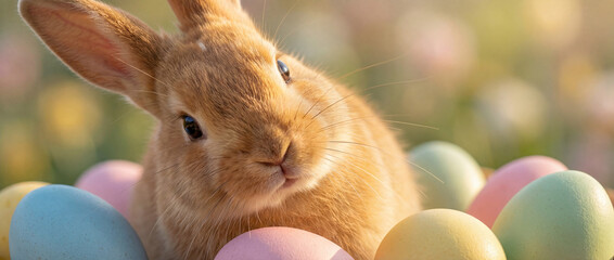 A close-up captures a fluffy bunny amidst a colorful array of Easter eggs, portraying spring charm and joyful anticipation.