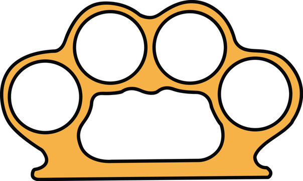 Flat vector illustration of golden brass knuckles with black outline, classic knuckle duster weapon icon for self-defense concepts, street fighting graphics, gangster themes, and martial arts