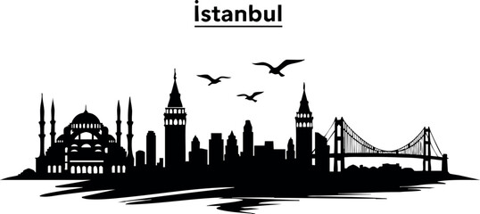 Naklejka premium Istanbul skyline silhouette featuring iconic landmarks and bridge in black vector illustration