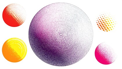 Colorful Spheres with Gradient and Halftone Patterns on White Background.