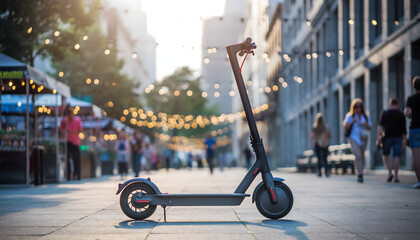 Electric scooter standing on a city sidewalk with blurred people walking by in the background under string lights