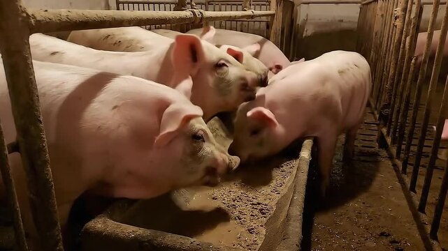 Hungry Pigs Eating From Farm Trough