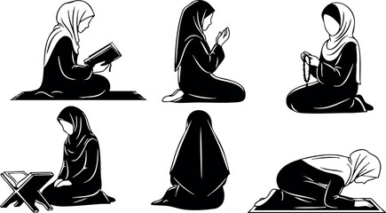 Muslim woman praying and reading Quran in Islamic devotional poses vector set for religious lifestyle and culture illustration