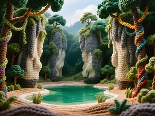 A dramatic crochet 3D model landscape diorama of Khao Sok National Park, Thailand,