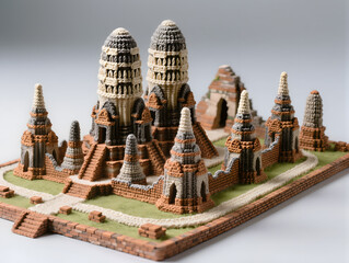 A high-detail crochet 3D model landscape diorama of Ayutthaya historical ruins, Thailand