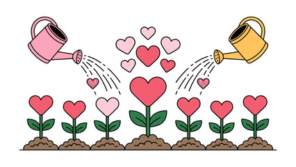 Nurturing Love: Two watering cans tenderly nourish heart-shaped flowers, symbolizing care and affection, fostering growth and spreading love's essence. © Jannat