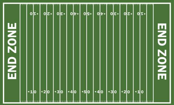 American Football Field Top View Illustration, Green Grass Stadium Turf Layout with Yard Lines and End Zone, Sports Strategy Background Graphic, Professional Football Pitch Diagram for Design.