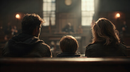 Two parents sit directly across from each other in a courtroom, with their young child positioned between them, highlighting the emotional tension of a family-related legal matter