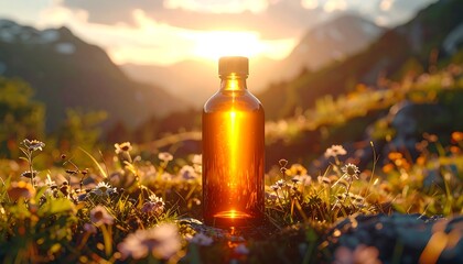 A golden, translucent bottle stands amid wildflowers and rocks with mountains and a radiant sunset in the distance, creating an outdoor, natural scene