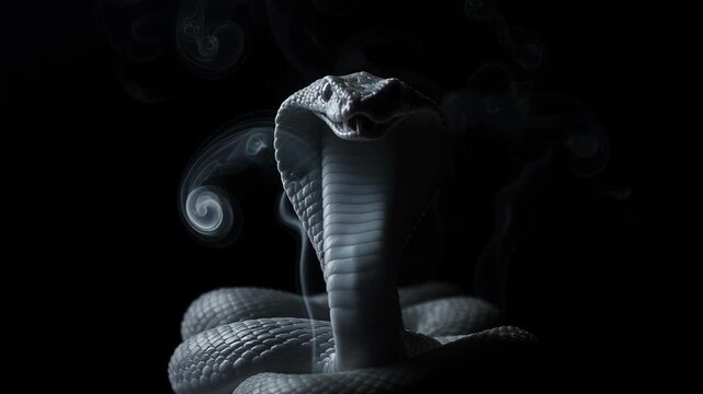 King cobra rears up with hood expanded and thin smoke curling around its head. Low-key lighting emphasizes scale texture and muscular form. Composition isolates the snake against a black background fo