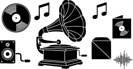 Vintage gramophone with record player and music icons vector illustration collection