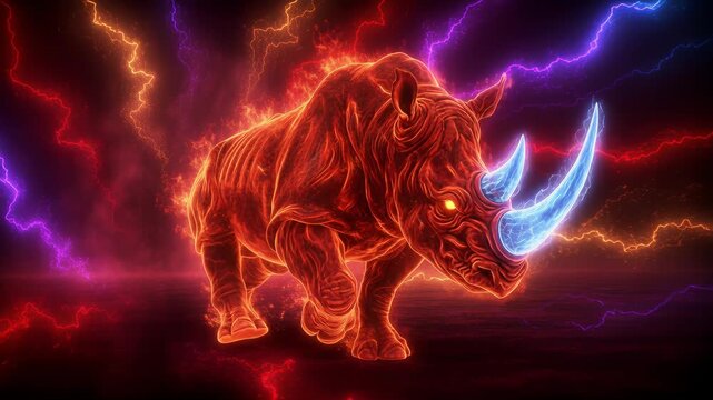 Rhinoceros outlined in neon lines creates an electrified scene. Bright horns and glowing contours convey motion and power. Dark background contrasts with vivid light trails and fiery accents to sugges