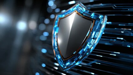 Cyber Shield: A sleek, metallic shield, shimmering with a futuristic blue glow, stands as a symbol of digital protection and security against online threats. - Powered by Adobe
