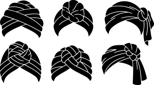 Collection of black silhouette turban headwear designs with various knot styles and folds for fashion or cultural illustration purposes