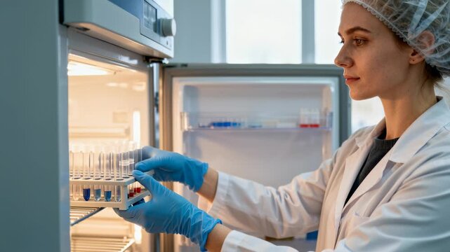 Woman scientist takes a rack of test tubes from a laboratory refrigerator while wearing nitrile gloves and a hairnet to manage cold storage and sample handling in a clinical research environment