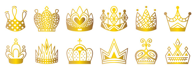 Gold crown icon vector set, shiny gradient golden elegant award signs. Monochrome royal authority cliparts, glossy luxury aristocracy pictograms © O.M-lova