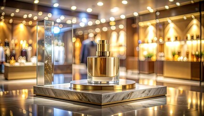 A luxurious perfume bottle with golden details sits on a display in a high-end store, reflecting light