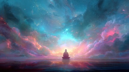 Spiritual figure meditating under a vibrant cosmic sky