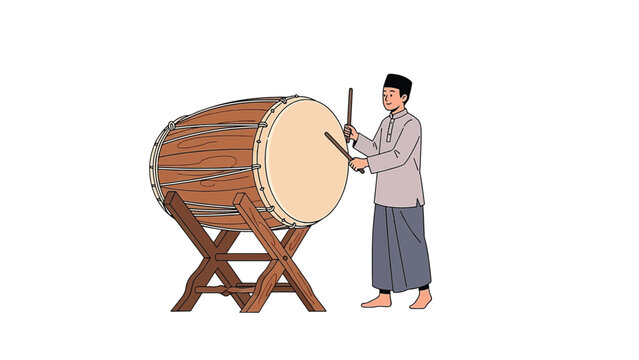 Man Beating Bedug Drum for Maghrib and Iftar Time Flat Vector Illustration