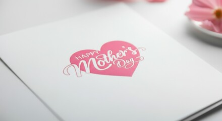 Mother's Day card with pink heart and cursive lettering placed on white tabletop