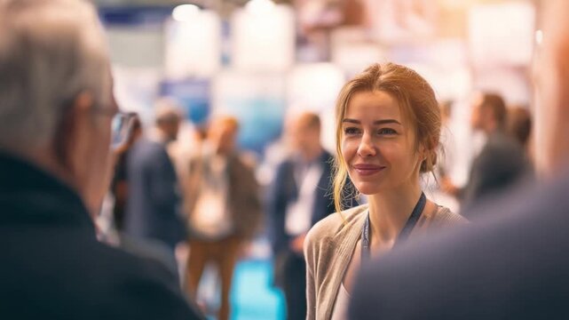 Engaging Conversation at a Business Event: Amidst a blurred background of a lively event, a focused woman engages in a conversation, her expression a mix of attentiveness and genuine interest.