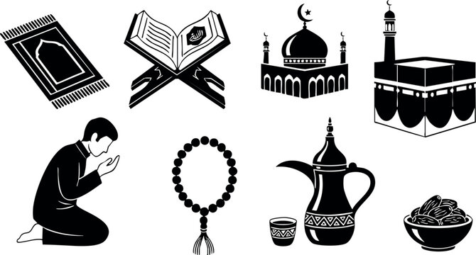 Islamic religious symbols praying man mosque kaaba quran prayer beads coffee dates cultural vector illustration
