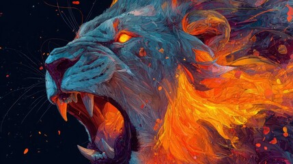 Fiery Lion Roar Dynamic Abstract Digital Painting