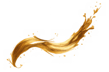 Golden liquid splashing and forming a wave with flying droplets, symbolizing luxury and success on transparent background