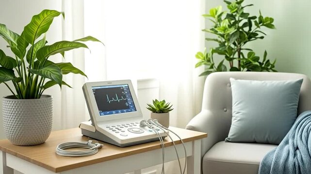 A serene healthcare setting with an ECG machine and plants for a calming vibe.