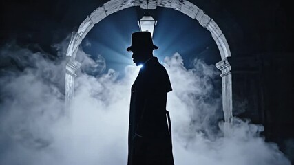 Mysterious man in a trench coat and top hat standing silhouetted under an illuminated archway in thick fog for a dark mystery concept