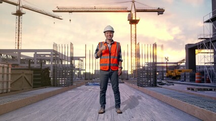 Full Body Of Asian Male Engineer With Safety Helmet Smiling And Showing Thumbs Up Gesture To The Camera While Standing at Construction Site with Tower Cranes and Building Foundations
