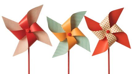 Handmade paper pinwheels with textured patterns on sticks, creative craft decor on white backdrop.