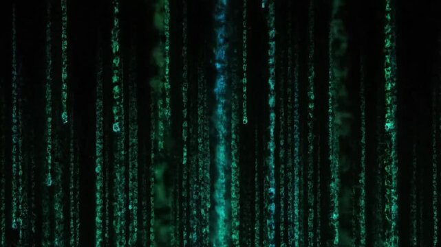 A vibrant, digital green matrix with glowing code lines.